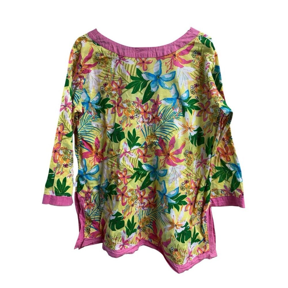 All For Color Tropical Floral Tunic Top Yellow Pink Cotton L XL - Picture 3 of 5